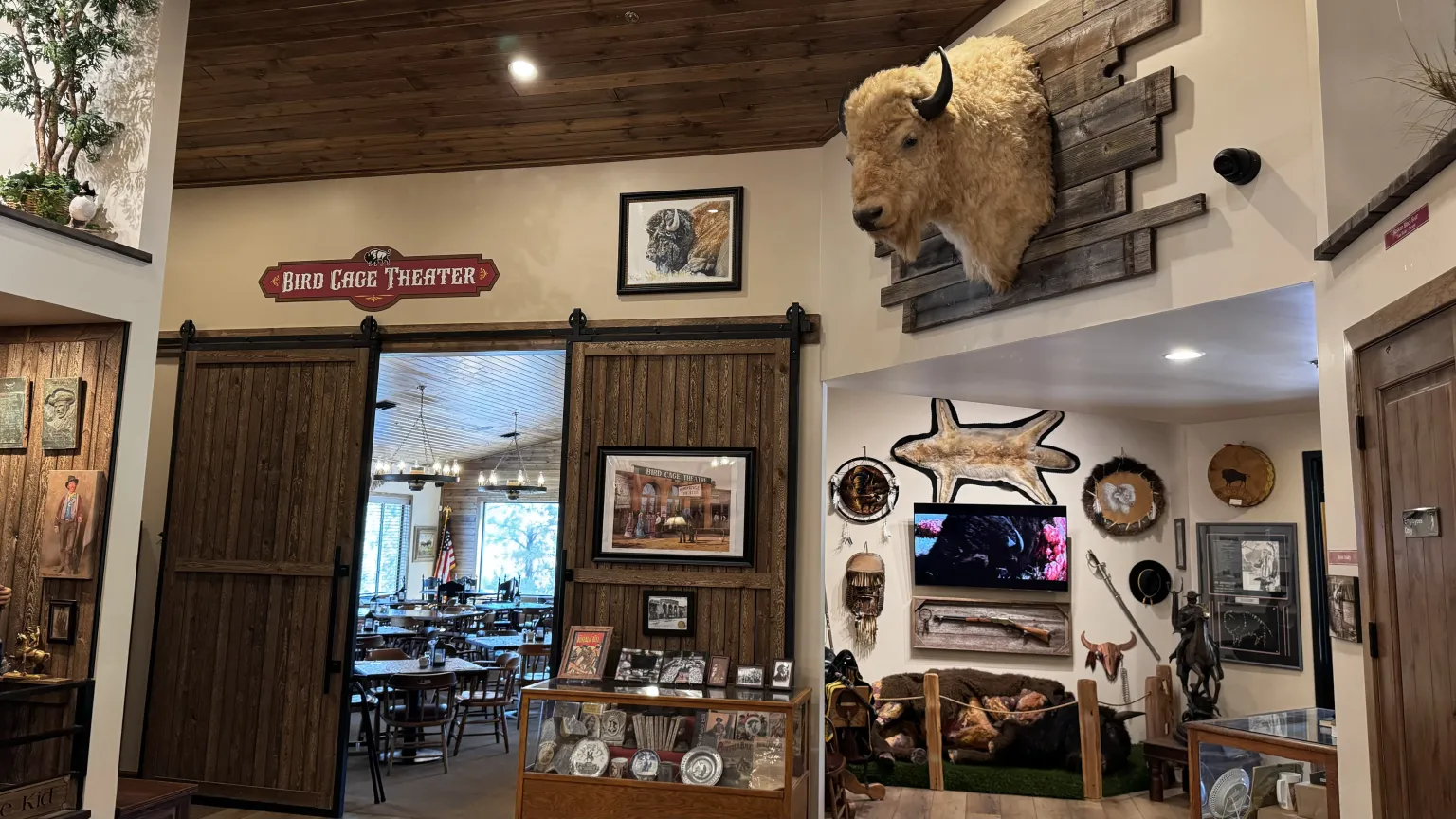 Rustic restaurant interior with buffalo head decor.