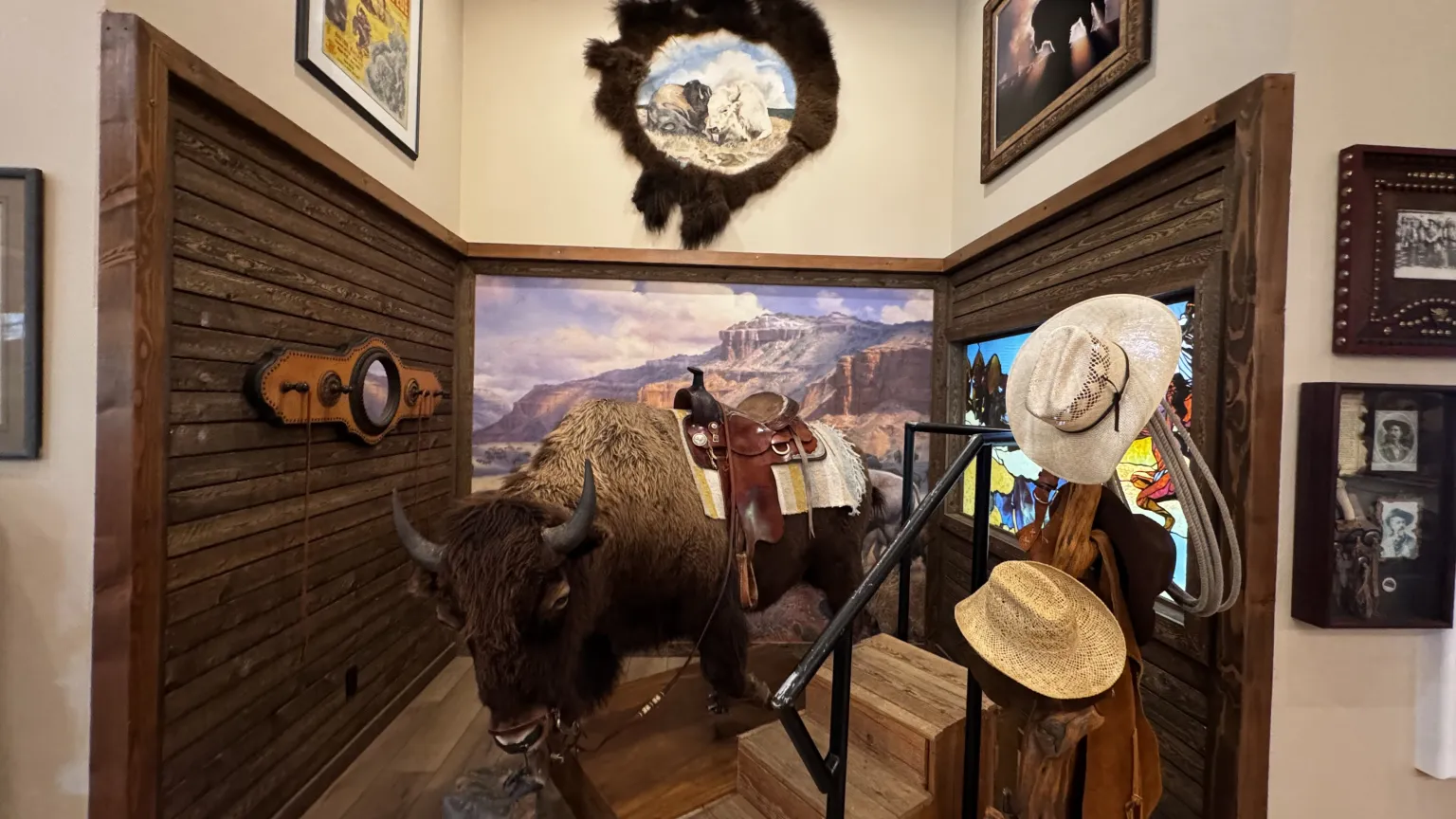 Bison exhibit with western hats and decor.